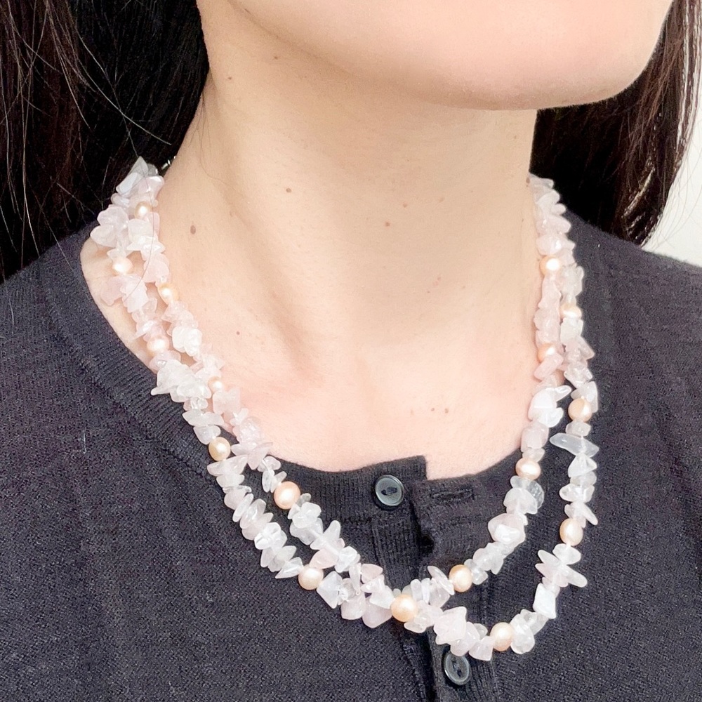 Necklace- pink crystal stone and freshwater pearls